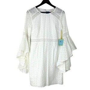 New Cece Women Sz 8 White Dress Eyelet Bell Ruffle Sleeve Crochet Lace A Line H4